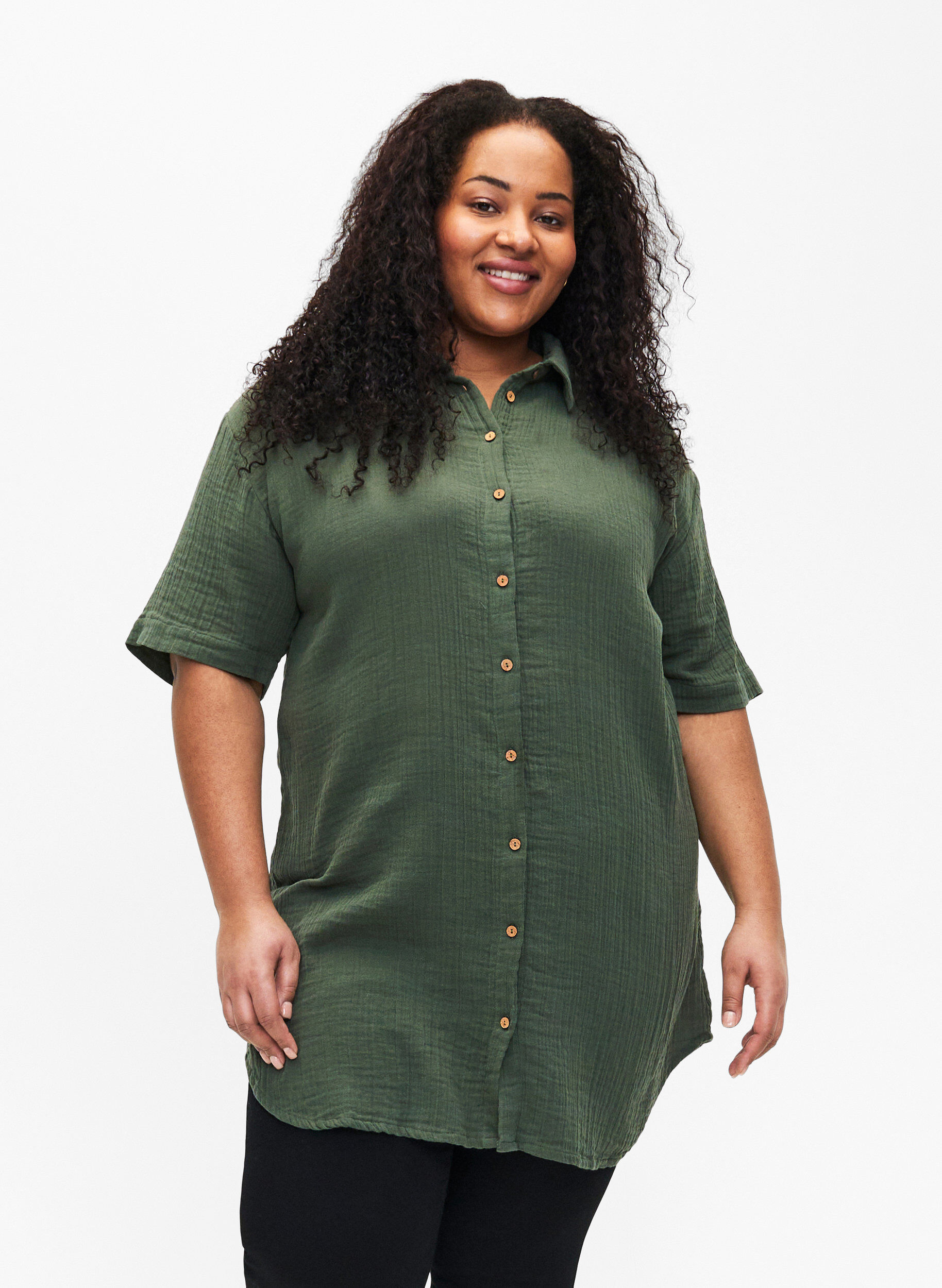 Zizzifashion Short sleeve shirt with buttons, Thyme, Model image number 0