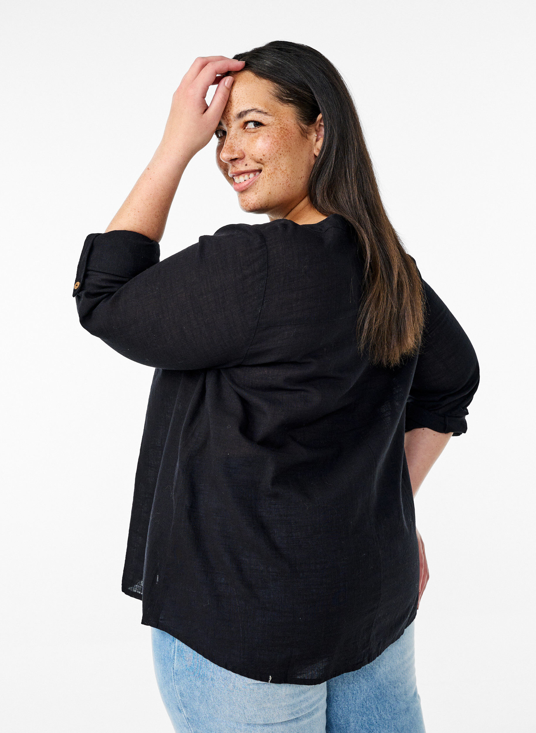 ZizzifashionCotton shirt blouse with a v-neck, Black, Model image number 2