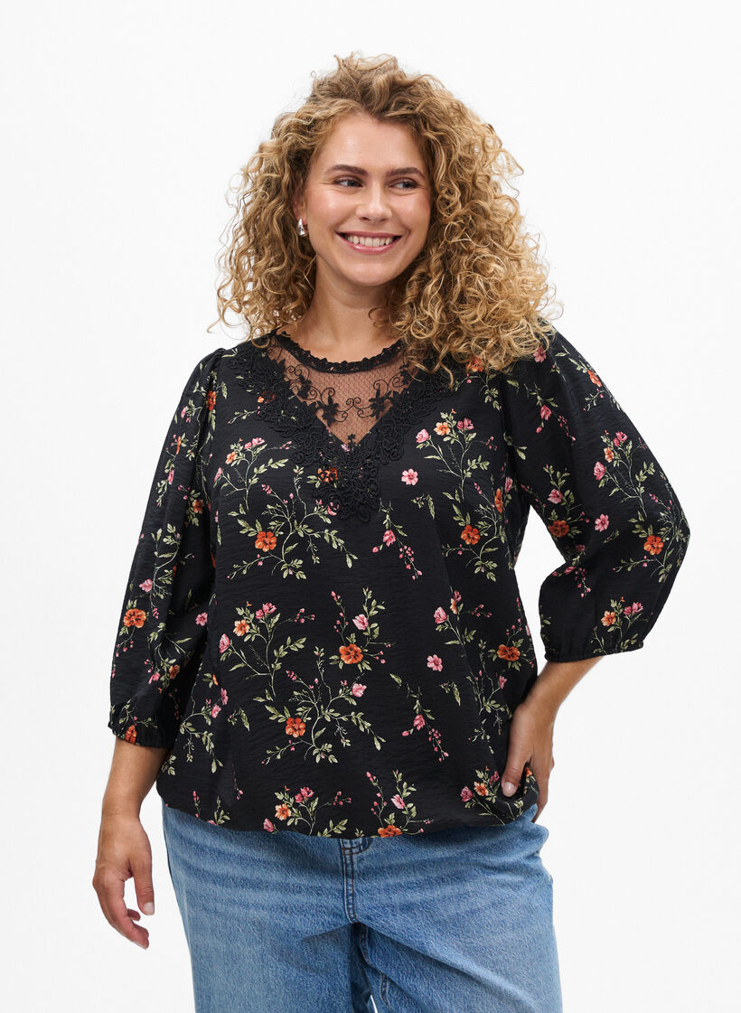 Blouse with 3/4 sleeves and lace details, Black, Model image number 0