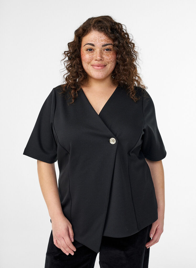 Blouse with asymmetric wrap effect and short sleeves, Black, Model image number 0