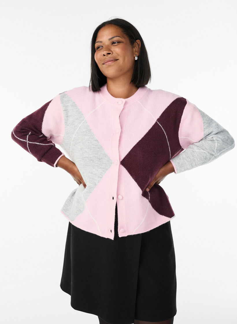 Cardigan with argyle pattern and round neck, Rose, Model image number 0