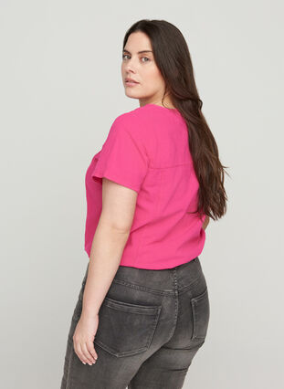 Short-sleeved cotton blouse with a v-neck, Fuchsia Purple, Model image number 1