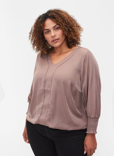 Blouse with v-neck and smock detail, Deep Taupe, Model image number 0