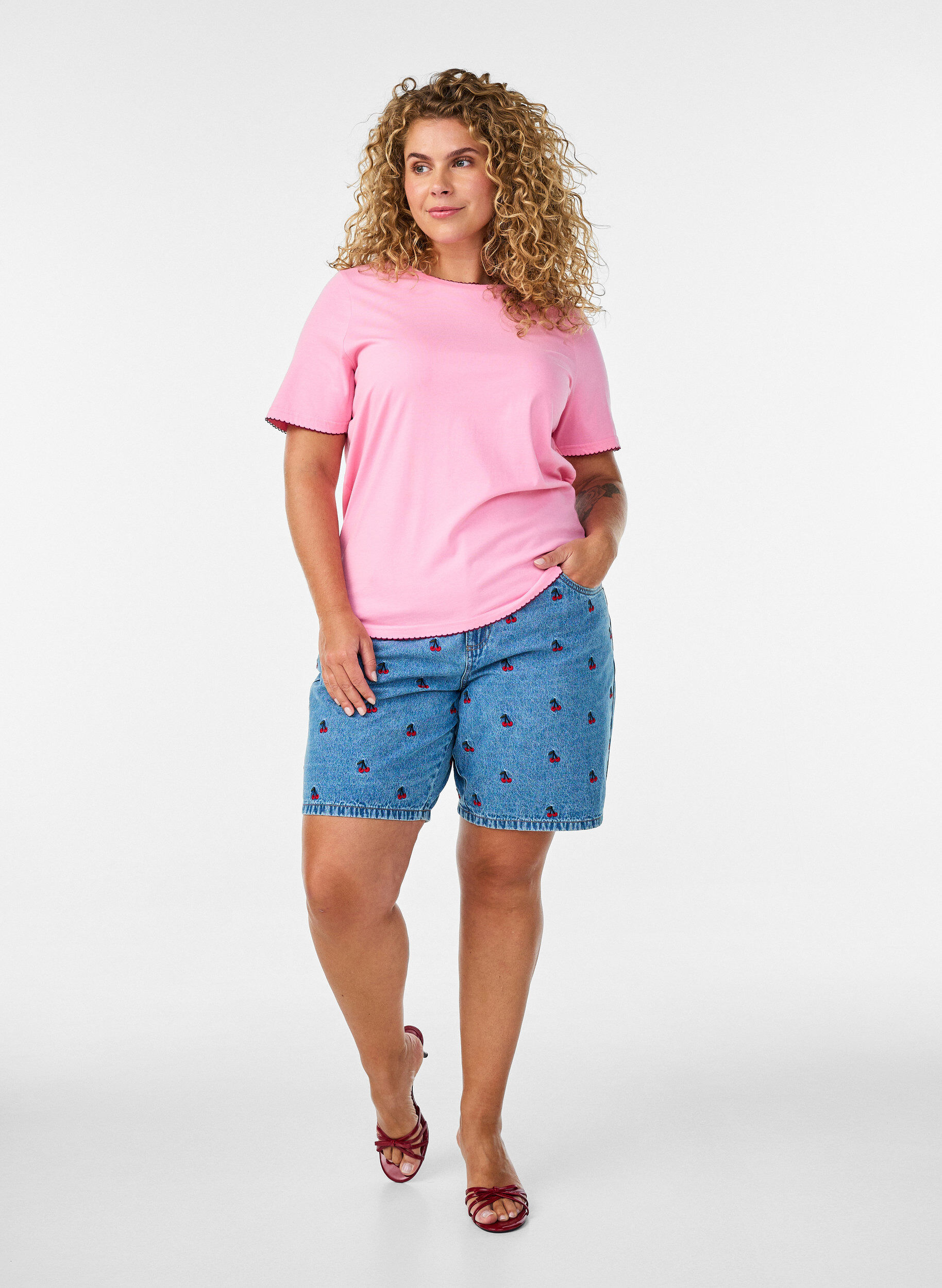 ZizzifashionCotton T-shirt with wavy contrasting edges, Pink, Model image number 1