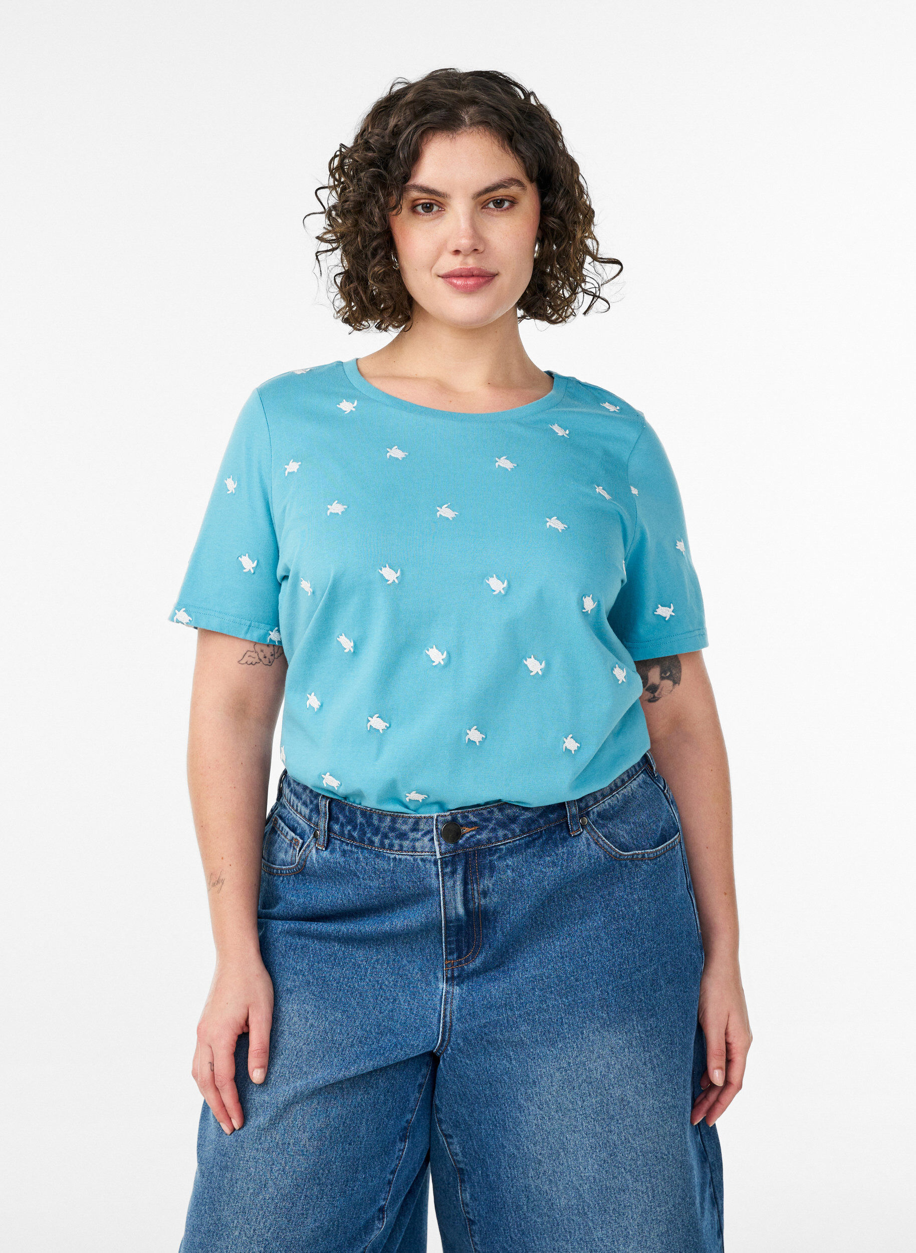 ZizzifashionT-shirt in organic cotton with embroidered motifs, Blue, Model image number 0