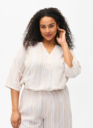 Striped blouse in linen-viscose blend, Beige White Stripe, Model image number 0
