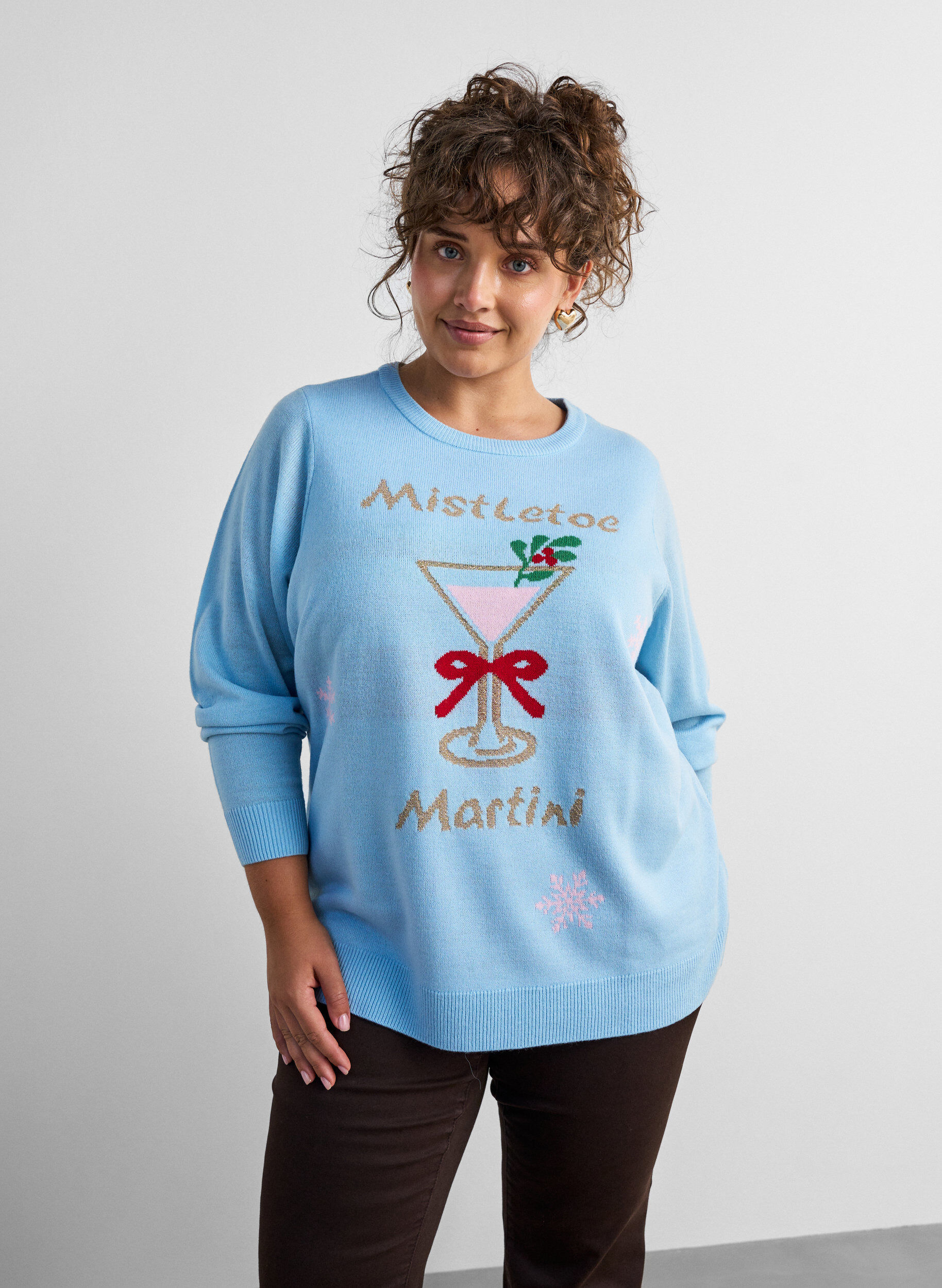 Knitted blouse with a Christmas motif, Light Blue, Model