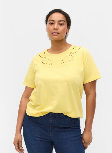 Short-sleeved t-shirt with broderie anglaise, Goldfinch Mel., Model image number 0
