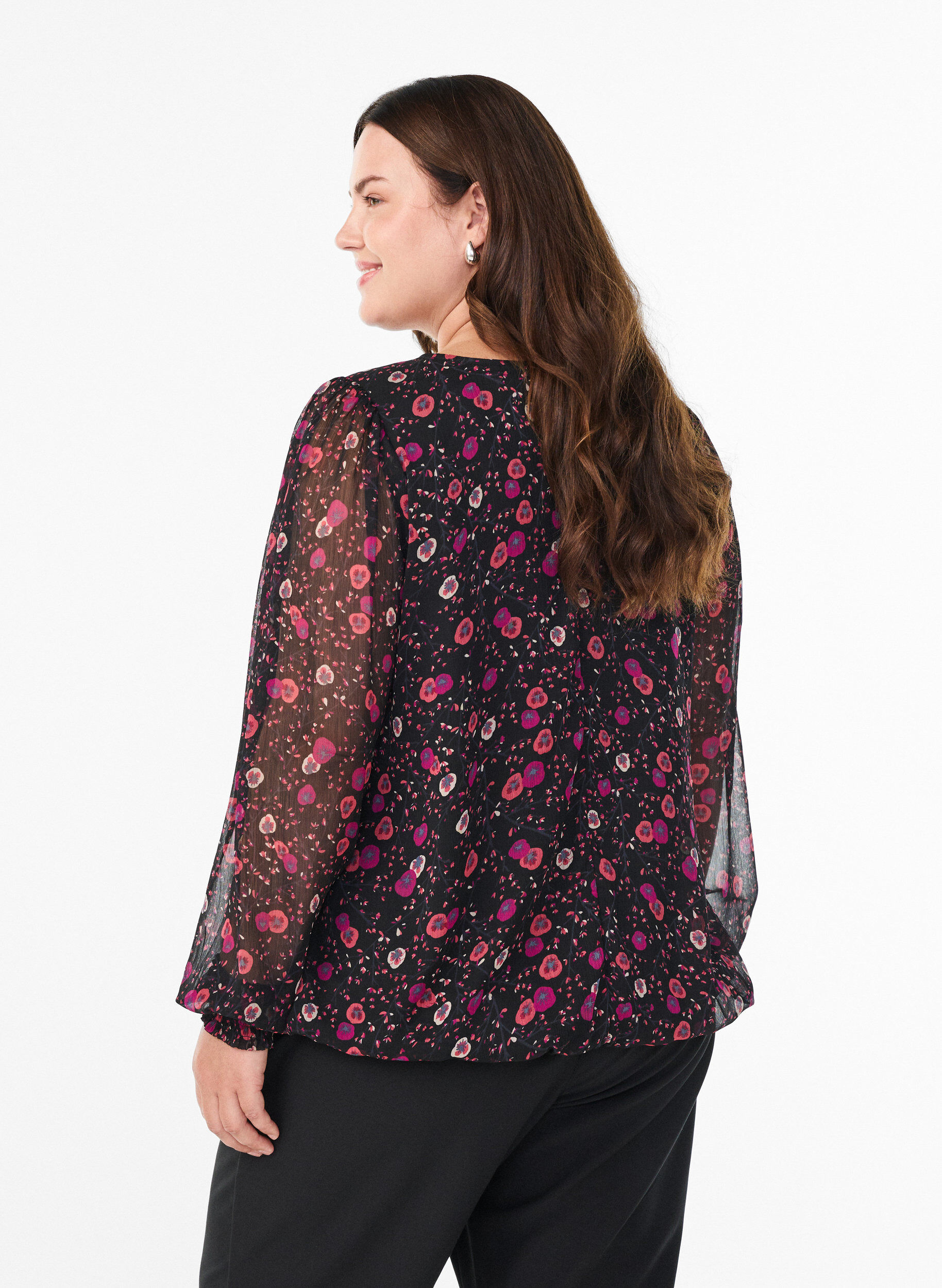 ZizzifashionFloral chiffon blouse with sheer sleeves, Black, Model image number 2