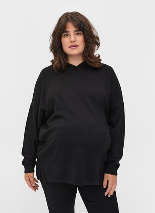 Knitted maternity sweater with hoodie, Black, Model image number 0