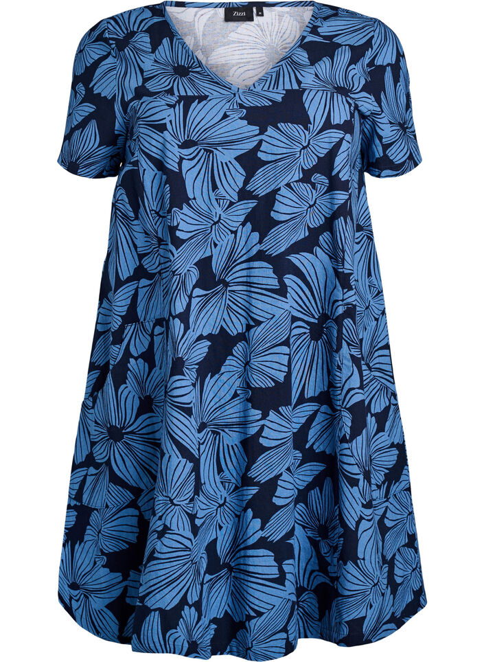 Short a-line dress with floral print, Blue, Packshot image number 0