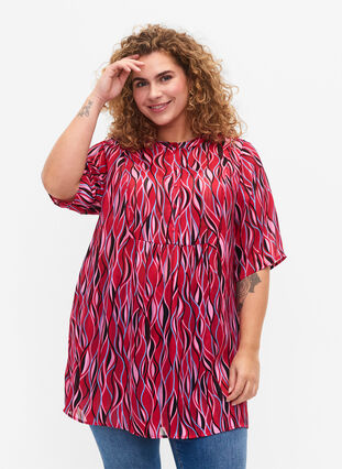 Short-sleeved tunic with print, Fuchsia Pink AOP, Model image number 0
