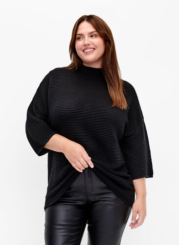 Structured pullover with high neck, Black, Model image number 0