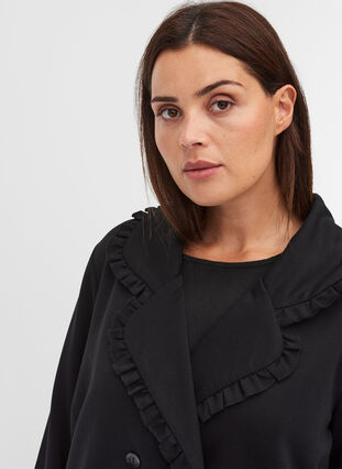 Long jacket with wide collar and ruffle details, Black, Model image number 2