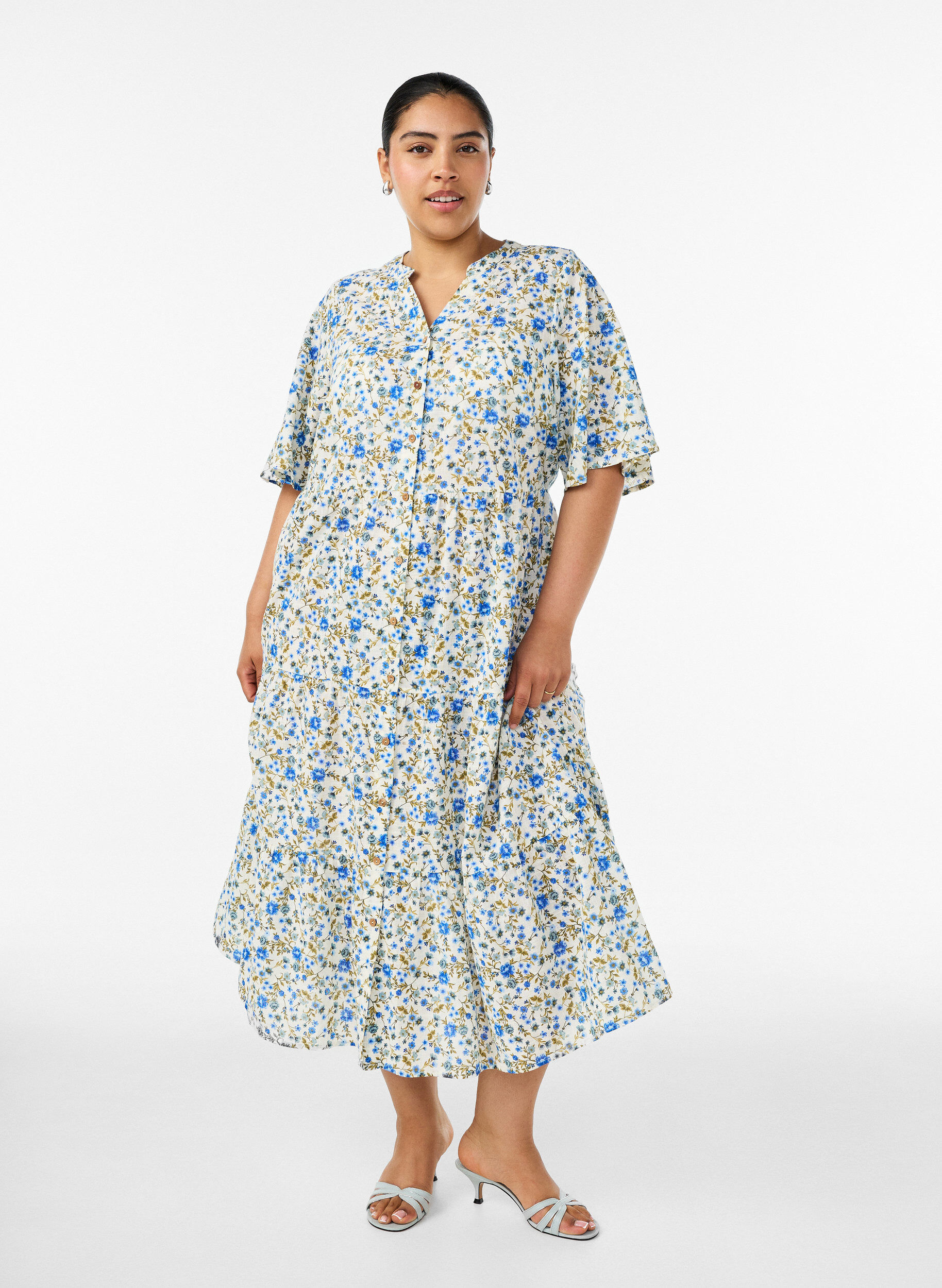 ZizzifashionCotton midi dress with floral print, Blue, Model image number 0