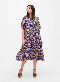 Short sleeve viscose dress with print, Small Flower AOP, Model