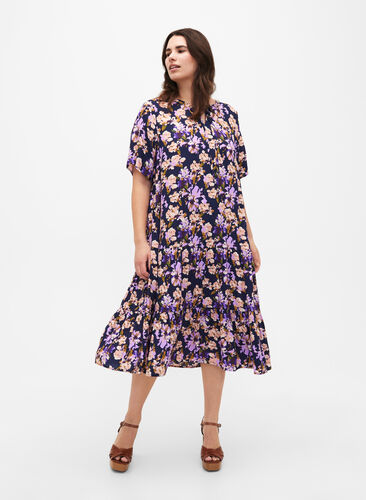 Short sleeve viscose dress with print, Small Flower AOP, Model image number 0