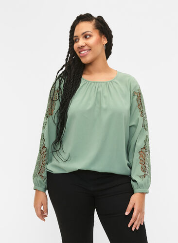 Long sleeve blouse with crochet details, Green Bay, Model image number 0