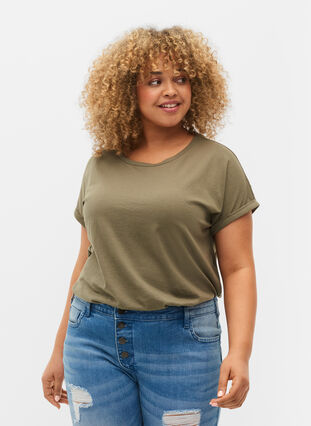 Short sleeved cotton blend t-shirt, Dusty Olive, Model image number 0
