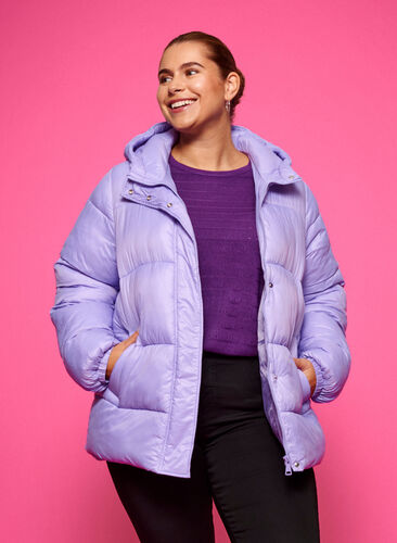 Short puffer jacket with hood, Lavender, Model image number 0