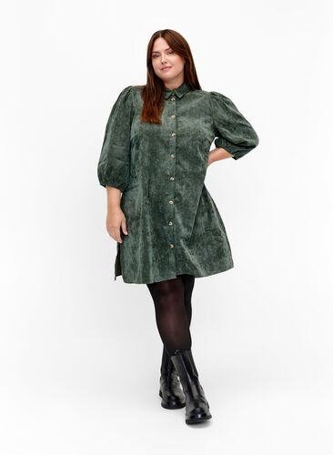 Corduroy dress with 3/4 sleeves and buttons, Deep Forest, Model image number 2
