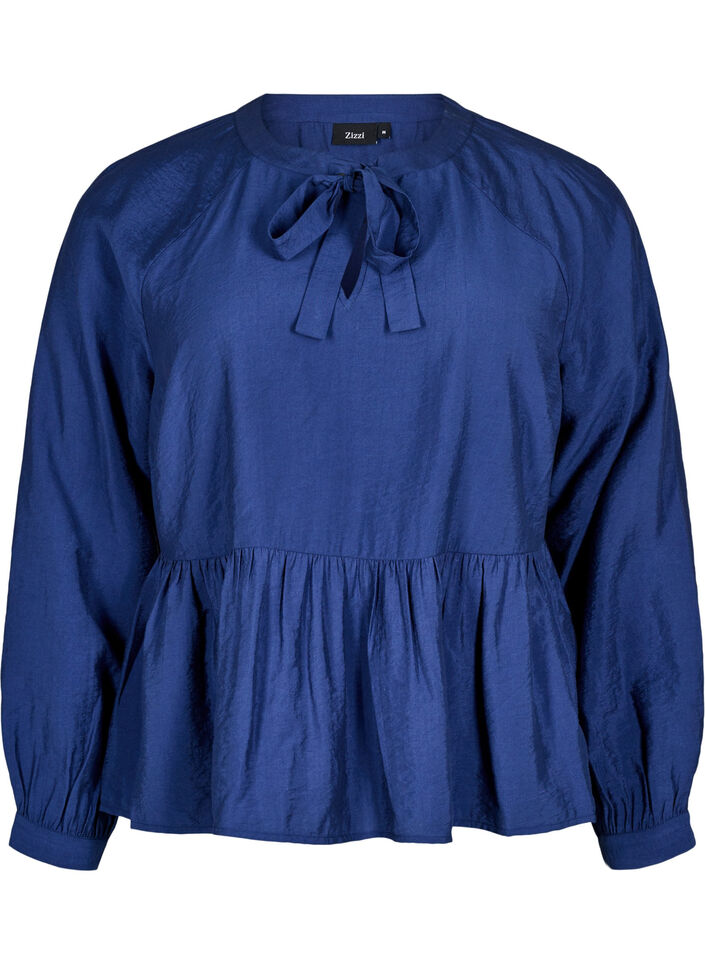 Blouse with bow and long sleeves, Blue, Packshot image number 0