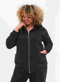 Sweater cardigan with hood and pockets, Black, Model