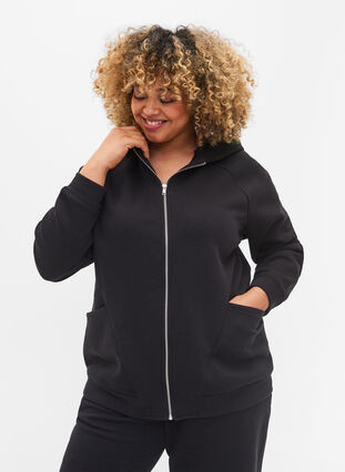 Sweater cardigan with hood and pockets, Black, Model image number 0
