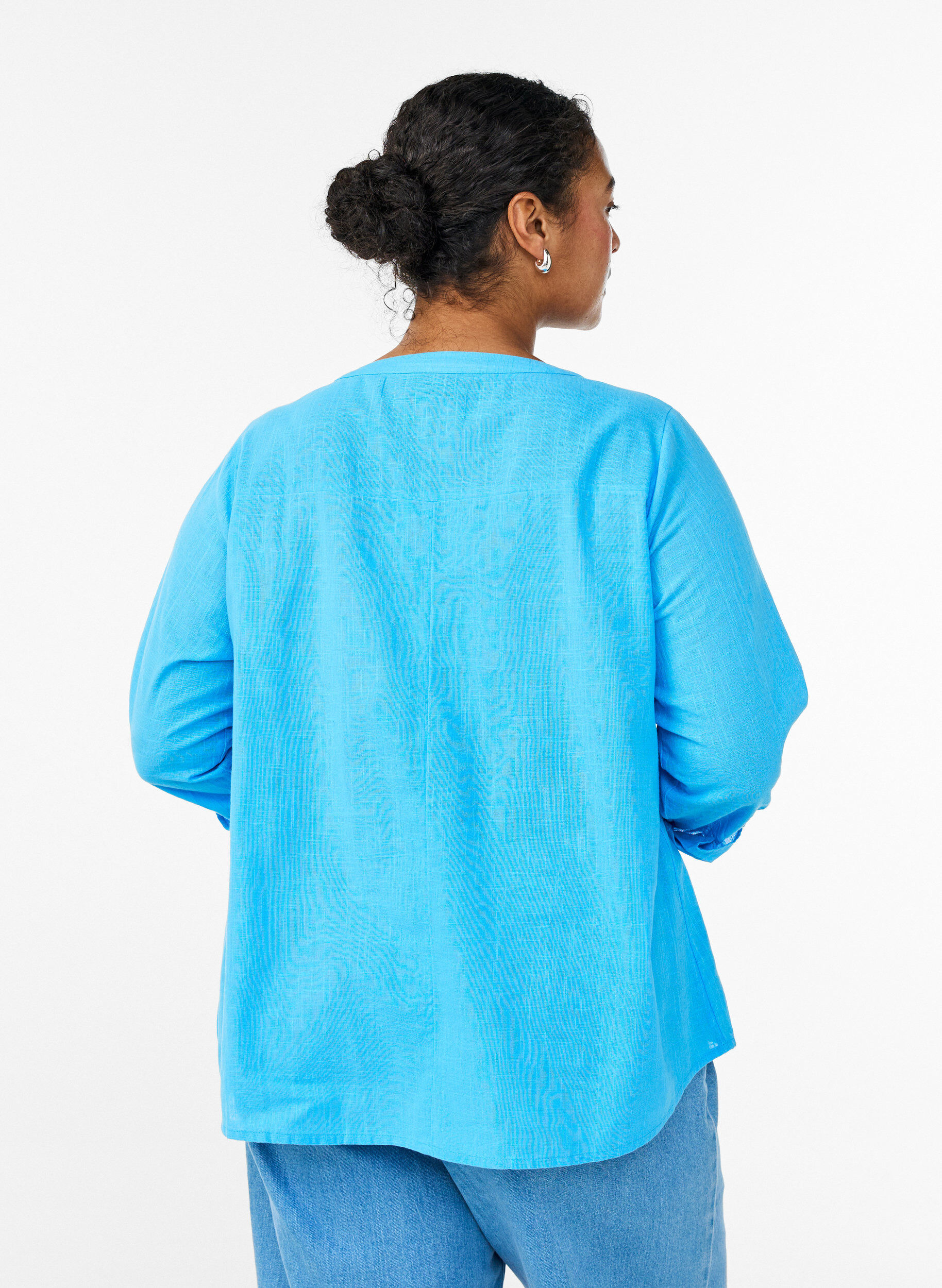 ZizzifashionCotton shirt blouse with V-neck, Blue, Model image number 2