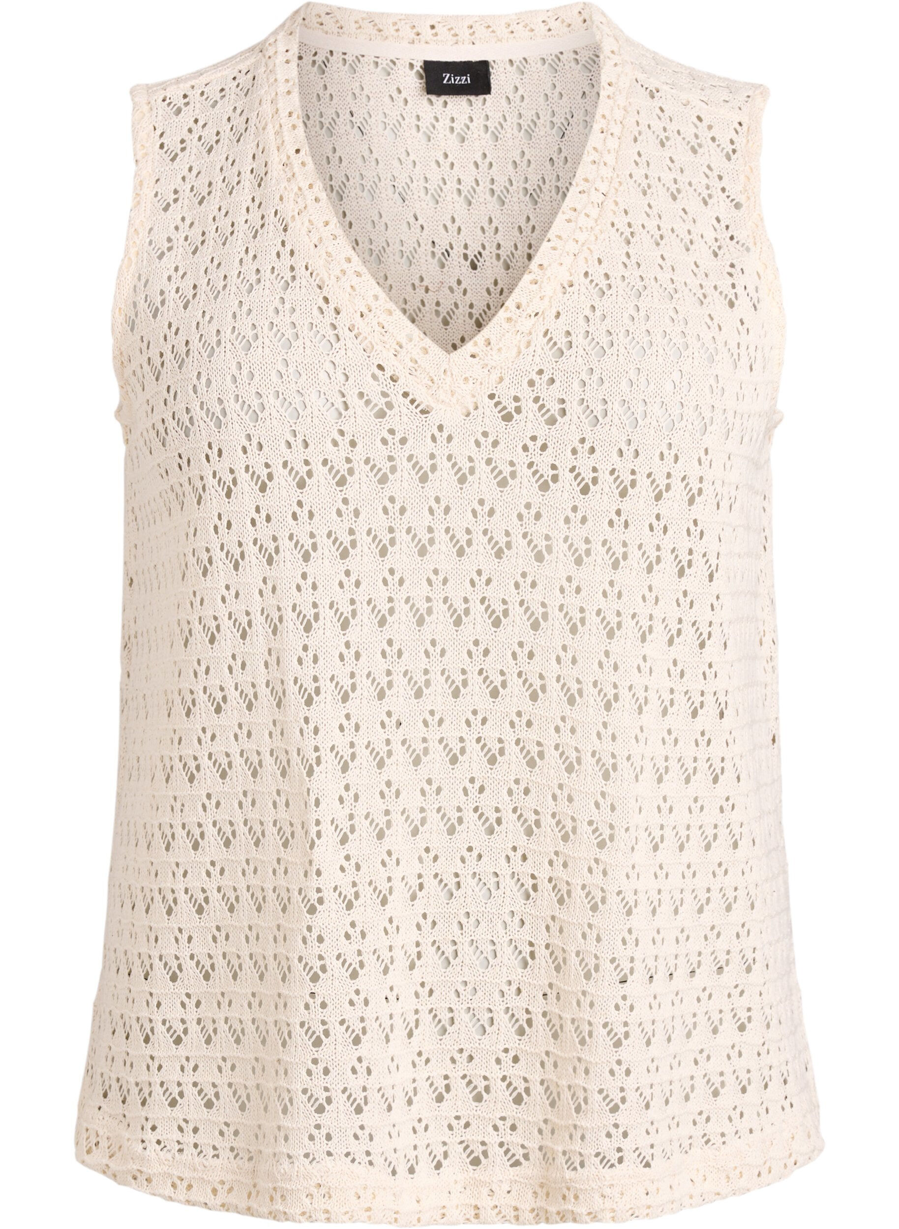 ZizzifashionSleeveless blouse with eyelet embroidery and V-neck, Beige, Packshot image number 0