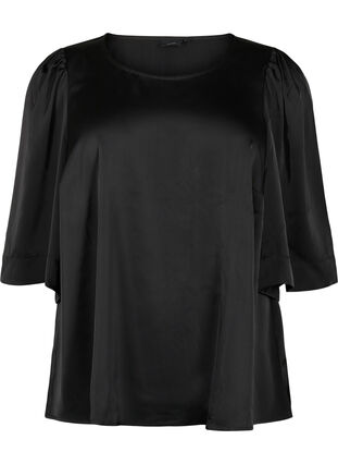 Satin blouse with half-length sleeves, Black, Packshot image number 0