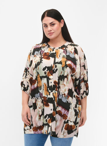 Viscose Tunic with Print, Black AOP, Model image number 0