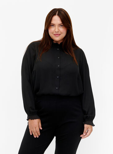Shirt blouse with ruffle details, Black, Model image number 0