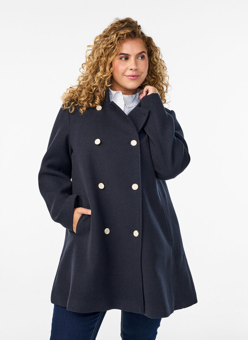 A-line coat with gold buttons, Blue, Model image number 0