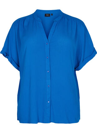 Short-sleeved viscose shirt with v-neck, Classic Blue, Packshot image number 0