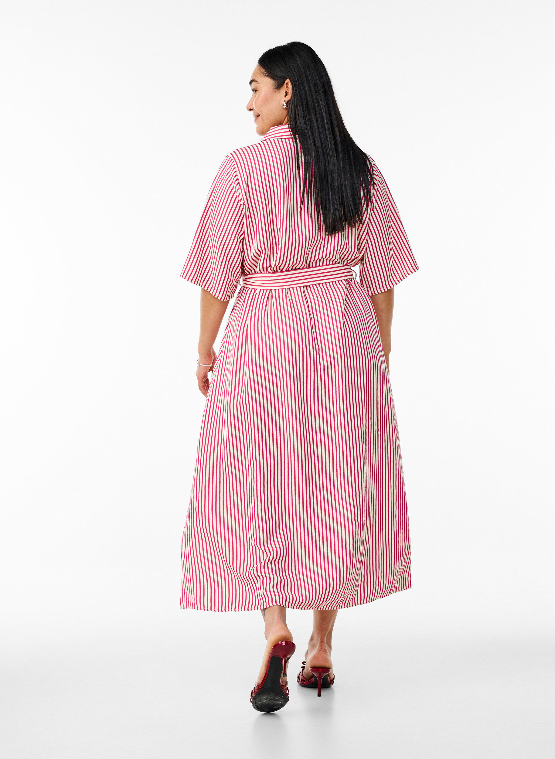 ZizzifashionAnkle-length shirt dress with tie belt and stripes, Pink, Model image number 1