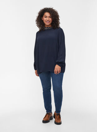 Long-sleeved, beaded viscose blouse, Night Sky, Model image number 3