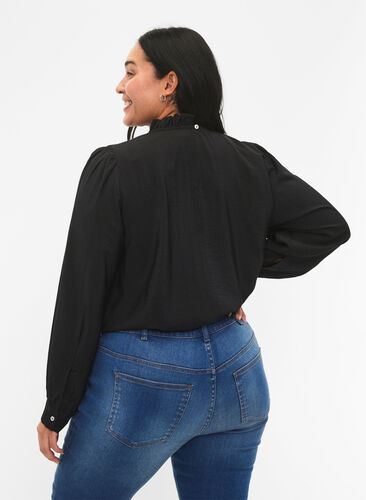 Viscose blouse with frills, Black, Model image number 1