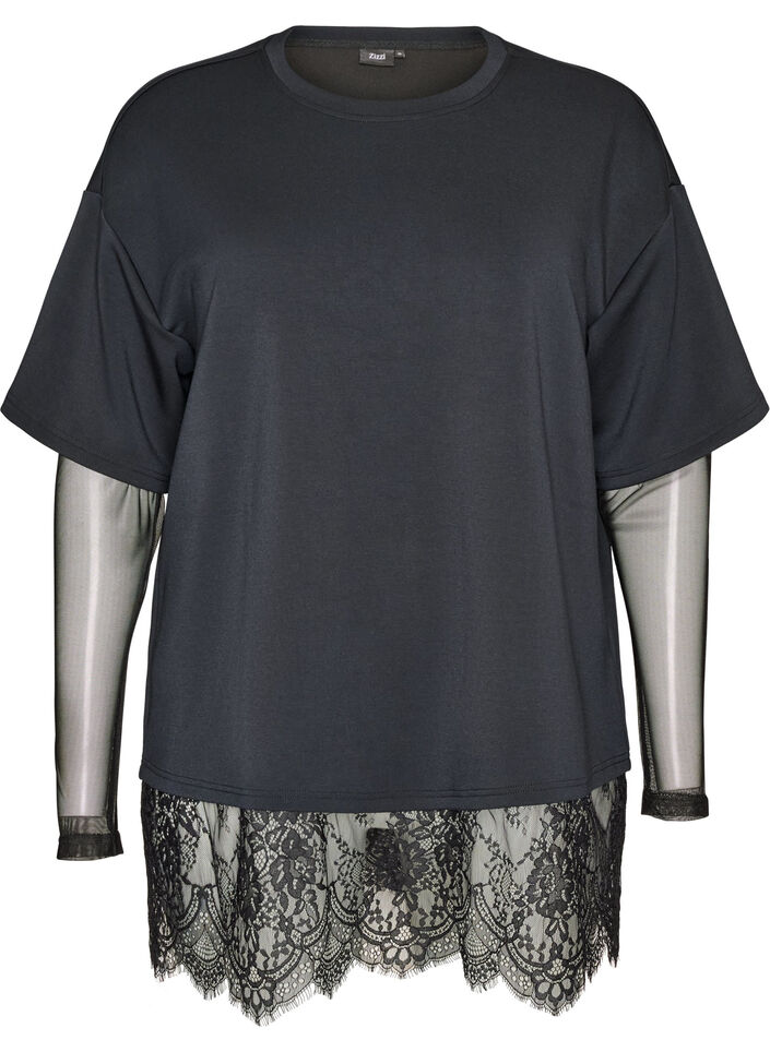 Blouse with mesh sleeves and lace trim, Black, Packshot image number 0