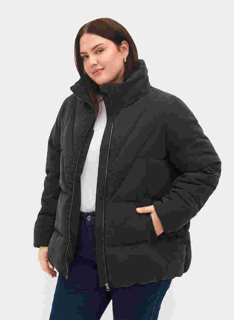 Short winter jacket with zip and high collar, Black, Model image number 0