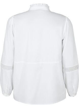 Shirt blouse with ruffle collar and crochet band, Bright White, Packshot image number 1