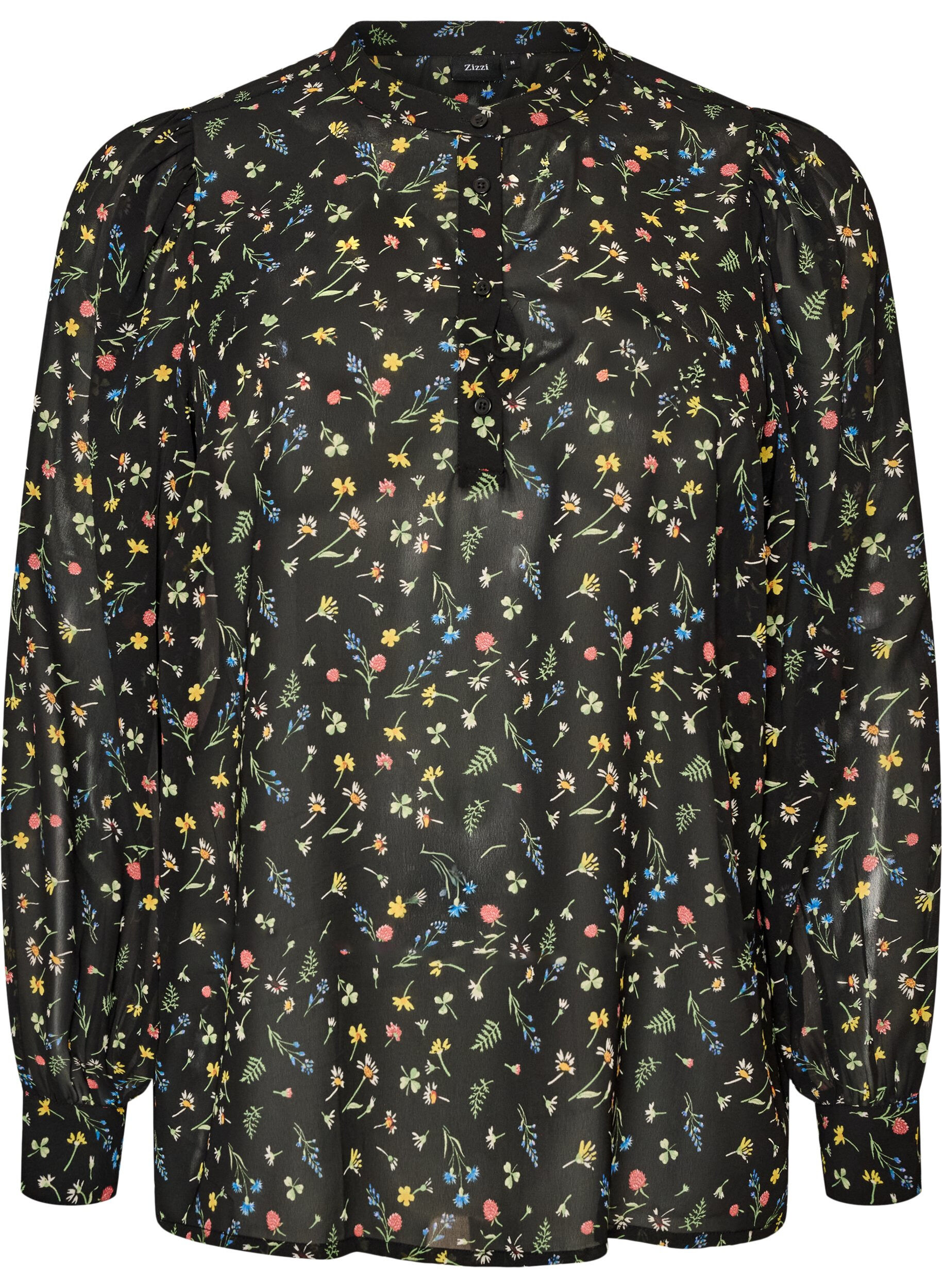 Blouse with all-over print and short button placket