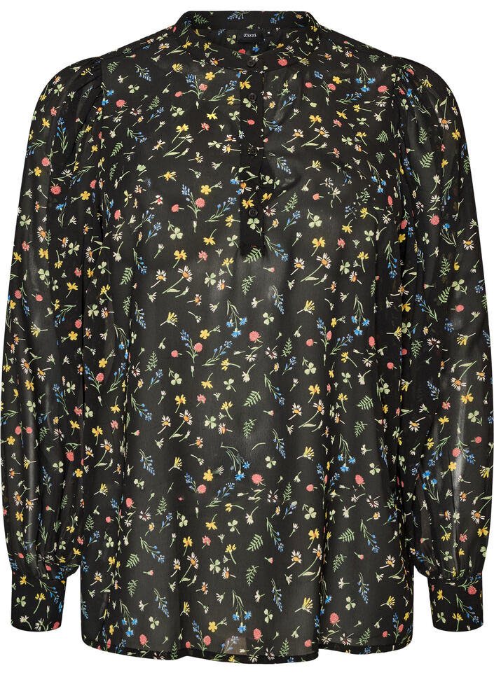 Blouse with all-over print and short button placket, Black, Packshot image number 0