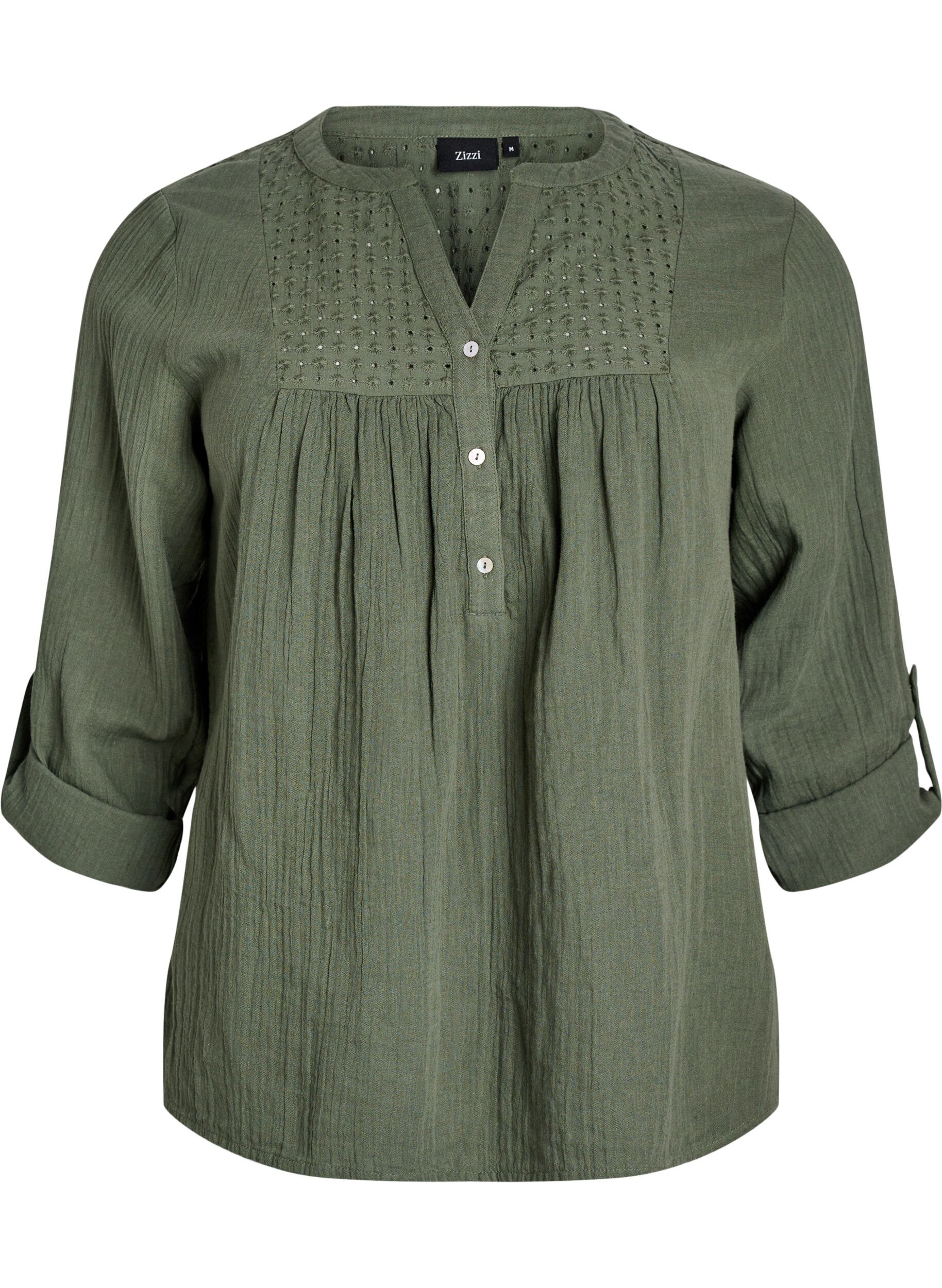 Blouse in cotton muslin with broderie anglaise