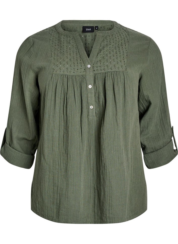 Blouse in cotton muslin with broderie anglaise, Green, Packshot image number 0