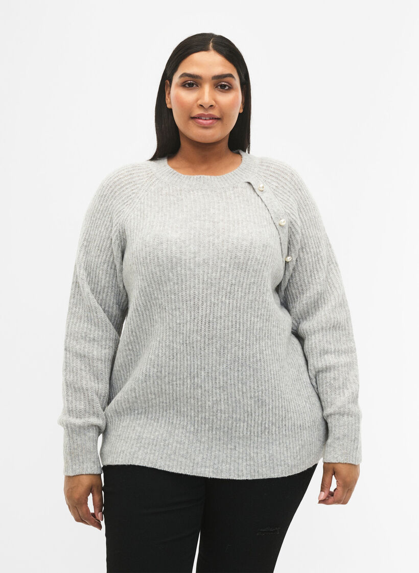 Melange pullover with pearl buttons, Light Grey Melange, Model image number 0