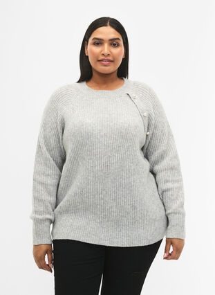 Melange pullover with pearl buttons - Grey - Sz. 42-64 - Zizzifashion 
