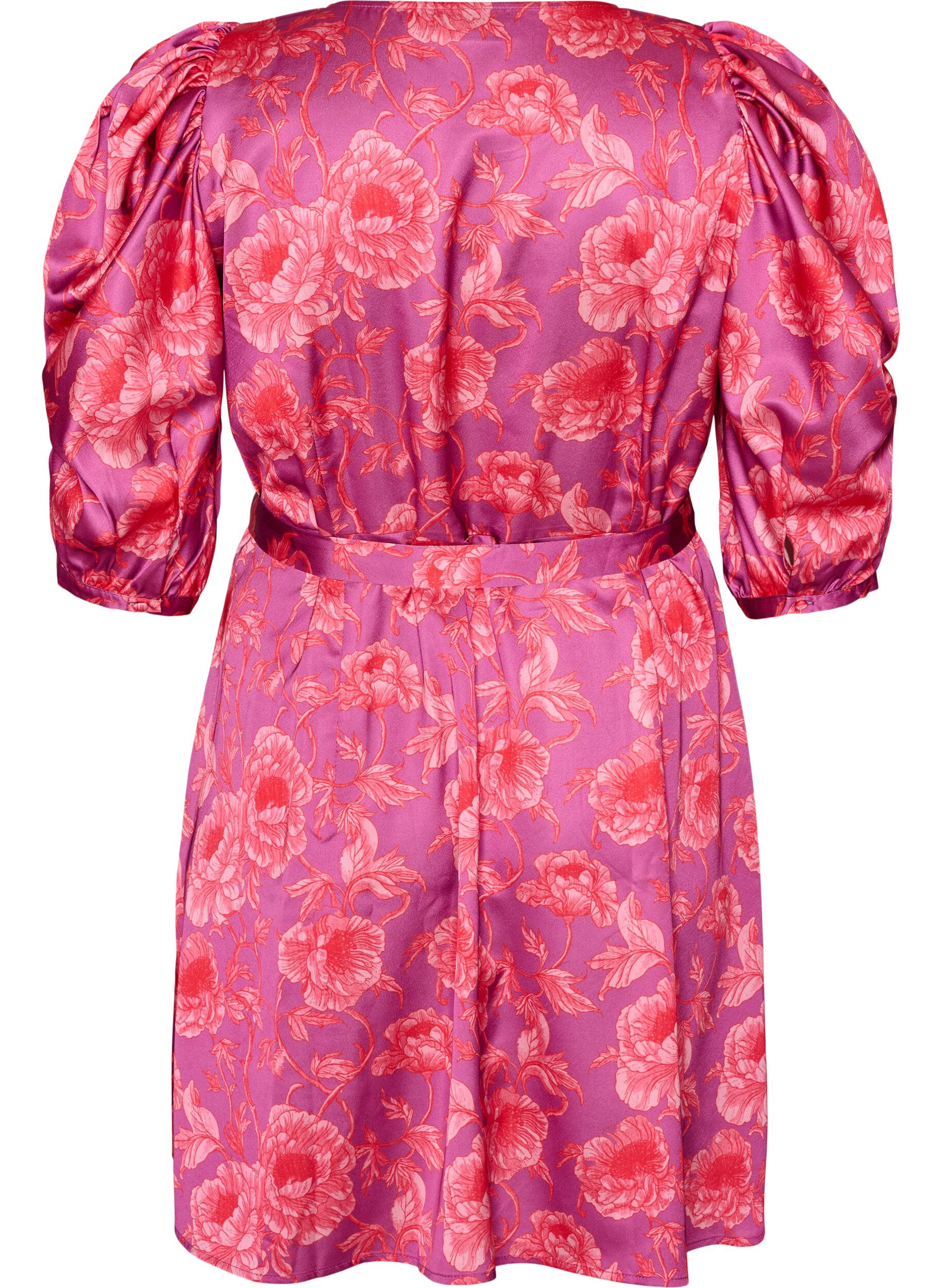 ZizzifashionFloral dress with puff sleeves and tie-belt, Pink, Packshot image number 1