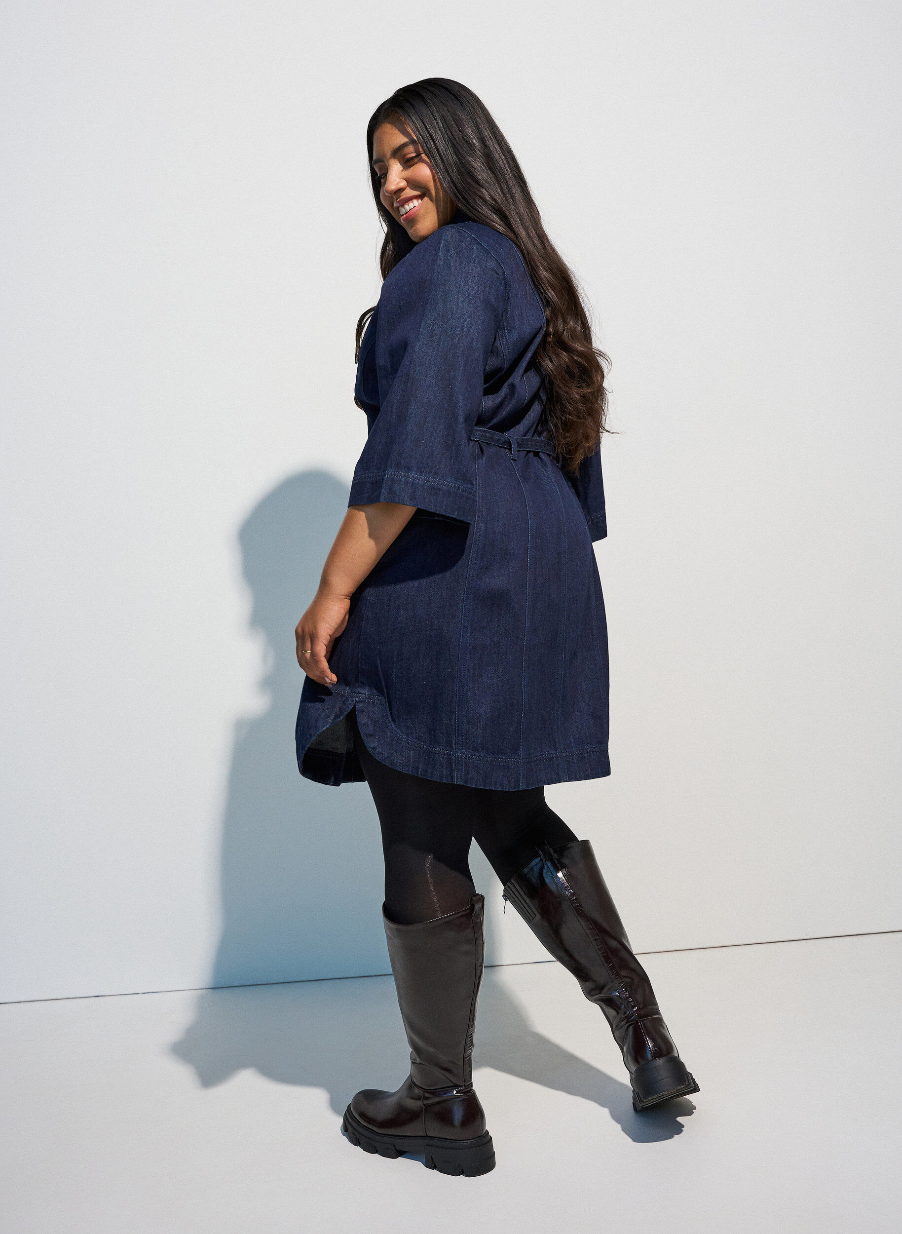 ZizzifashionDenim dress with belt and 3/4-sleeves, Blue, Model image number 2