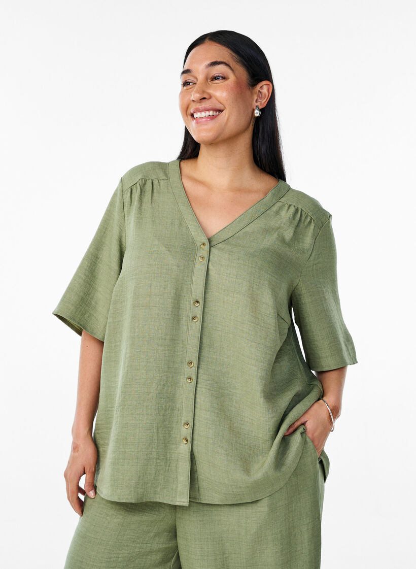 V-neck shirt blouse with short sleeves, Green, Model image number 0